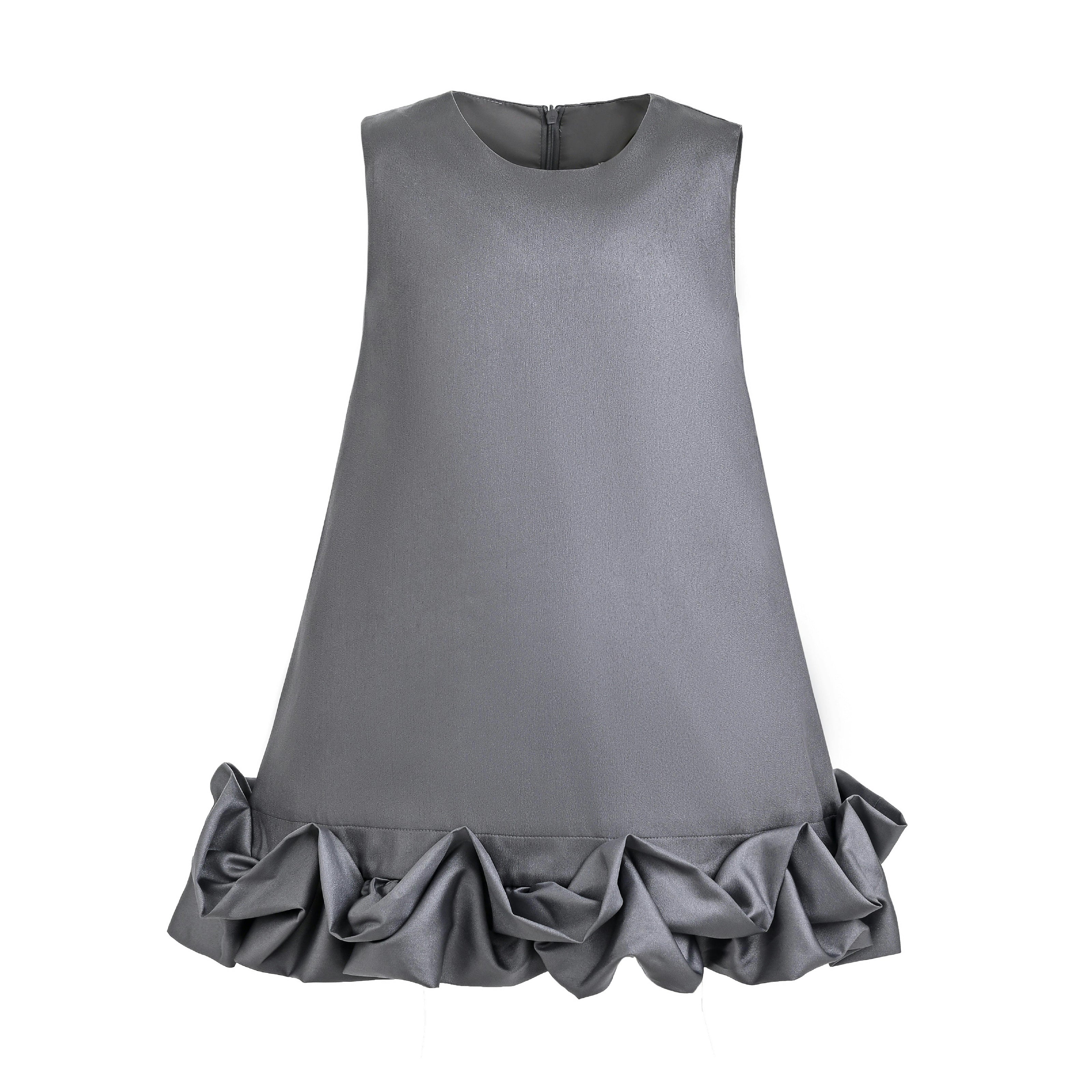 Gray Clarette Satin Ruffle-Hem Dress