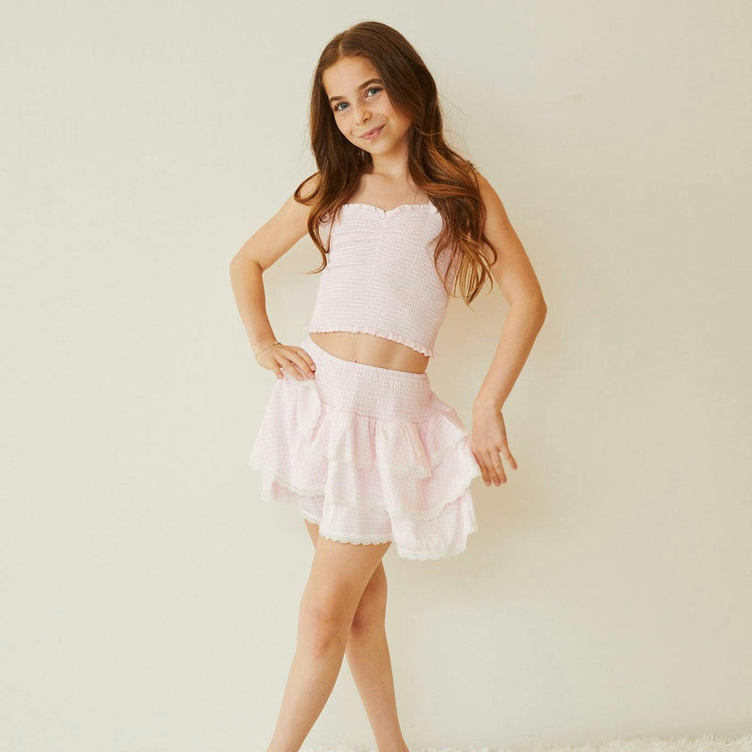 Gemma Pastel Pink & White Gingham Hearts Satin Mini Skirt