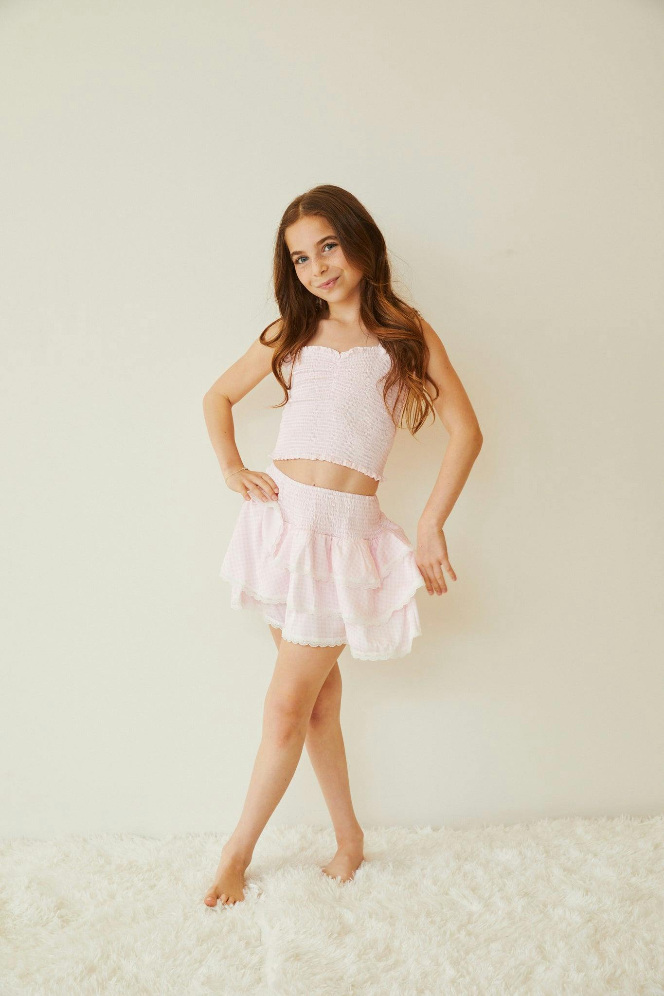 Gemma Pastel Pink & White Gingham Hearts Satin Mini Skirt